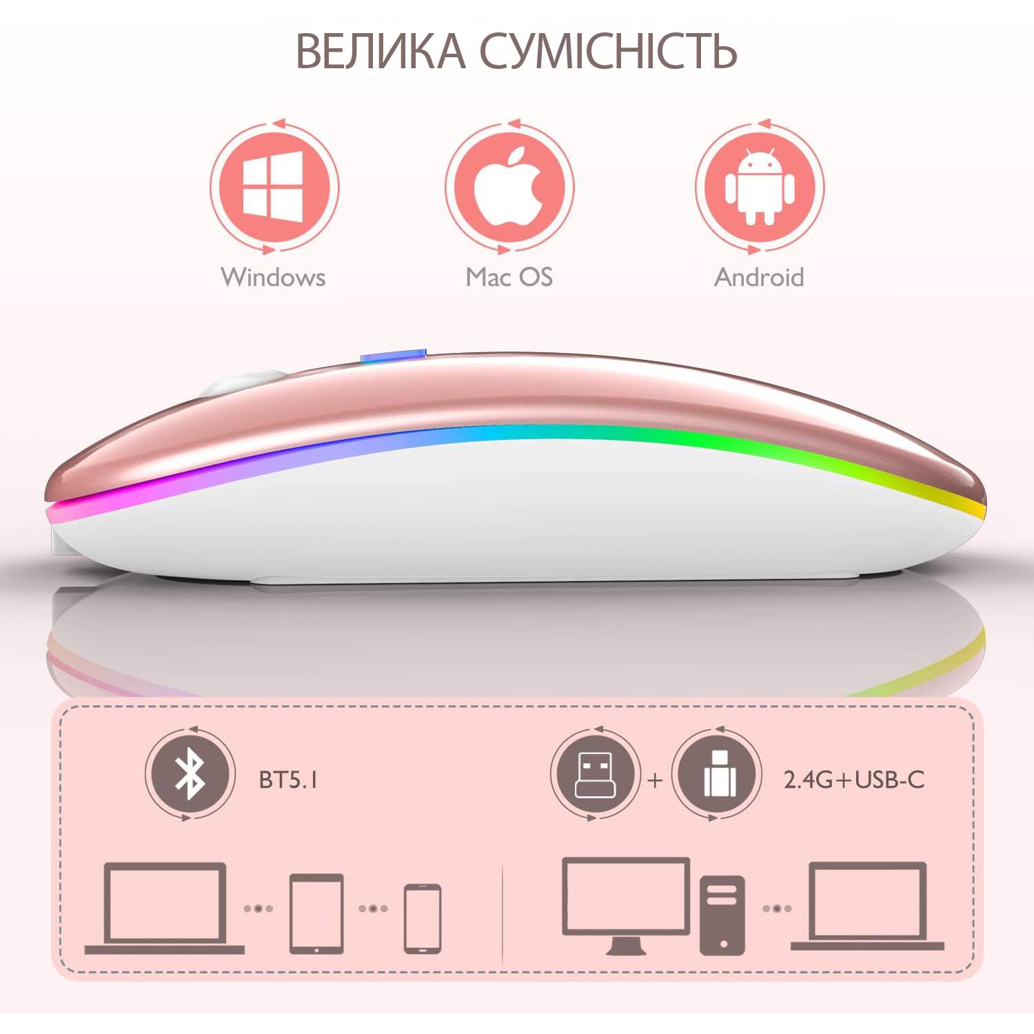 Компьютерная мышка Bluetooth с RGB подсветкой Rose Gold - фото 6