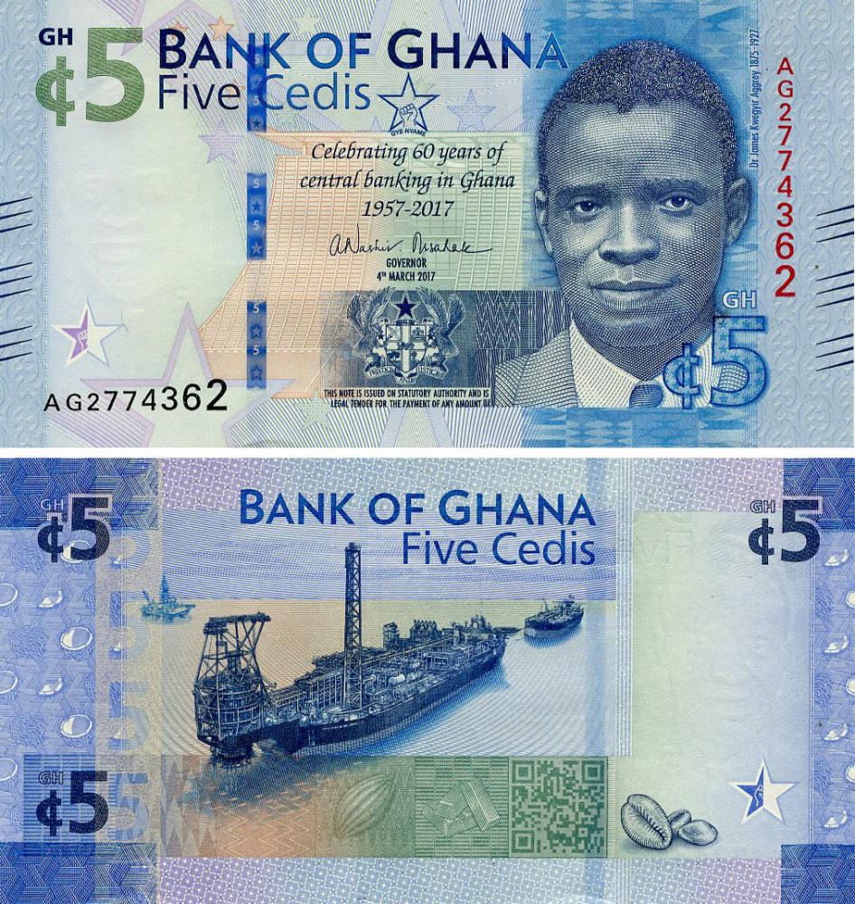 Коллекционная банкнота Гана 5 седи 2017 UNC Памятная-60 лет Центральному банку (P43)