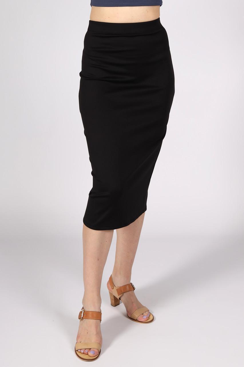 Спідниця-олівець міді жіноча нижче колін однотонна з розрізом ззаду р. 40 Чорний (2494988178) - фото 1