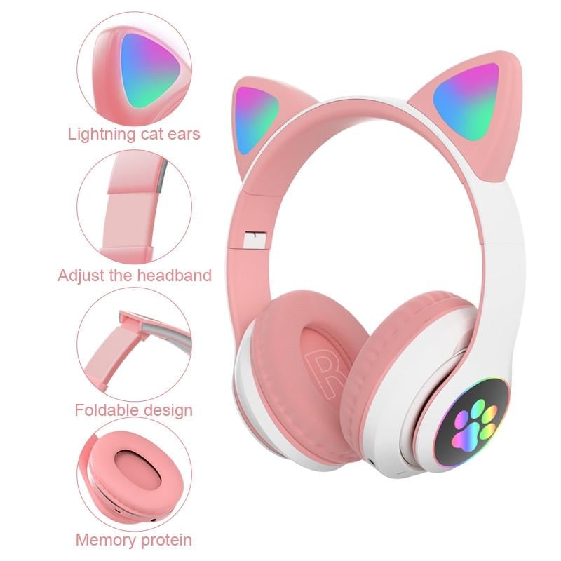 Наушники Кошачьи ушки беспроводные с подсветкой RGB и MP3 Cute Headset Розовый - фото 7