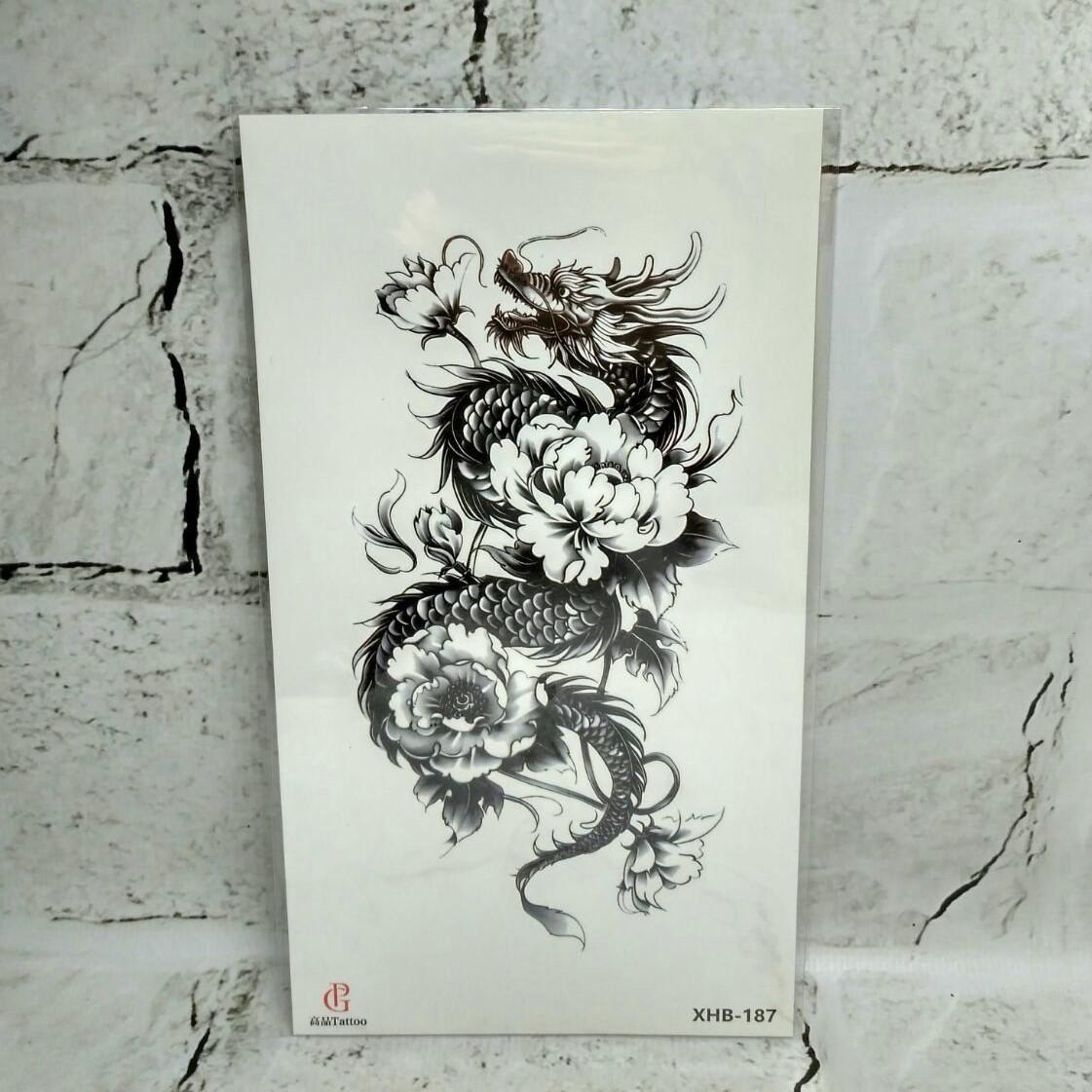 Тату временное Дракон с цветами лист 11,5x21 см (XHB-187)