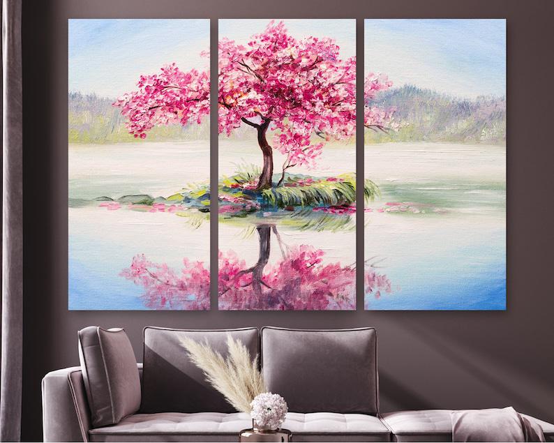Модульная картина KIL Art Дерево с розовыми листьями на холсте из трех частей 128x81 см (M3_L_171)