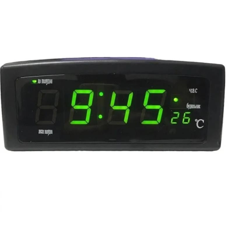 Годинник настільний електронний Caixing CX-818 з будильником та термометром 220W Чорний/Зелений (28112992)
