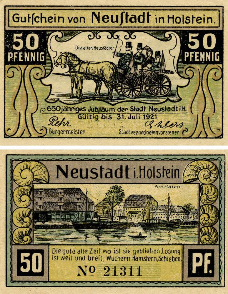 Коллекционная банкнота Германия Нотгельд 50 пфеннигов 1921 F-VF Нойштадт Разновидность 1 (Б18705)