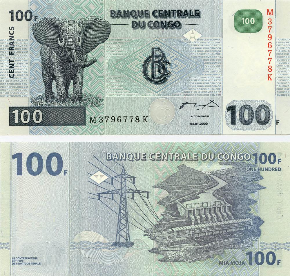 Коллекционная банкнота Демократическая Республика Конго 100 франков 2000 UNC P92 (Б11214)