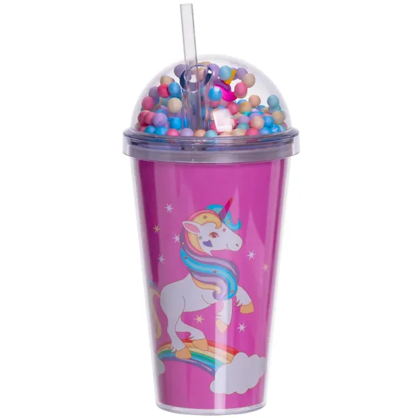 Стакан многоразовый Единорог с крышкой и трубочкой 400 мл Малиновый (HP-18-2P)