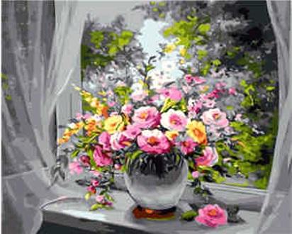 Картина по номерам Strateg Цветы Летний букет на белом подоконнике в термопакете 40х50 см (VA-1597-mt)