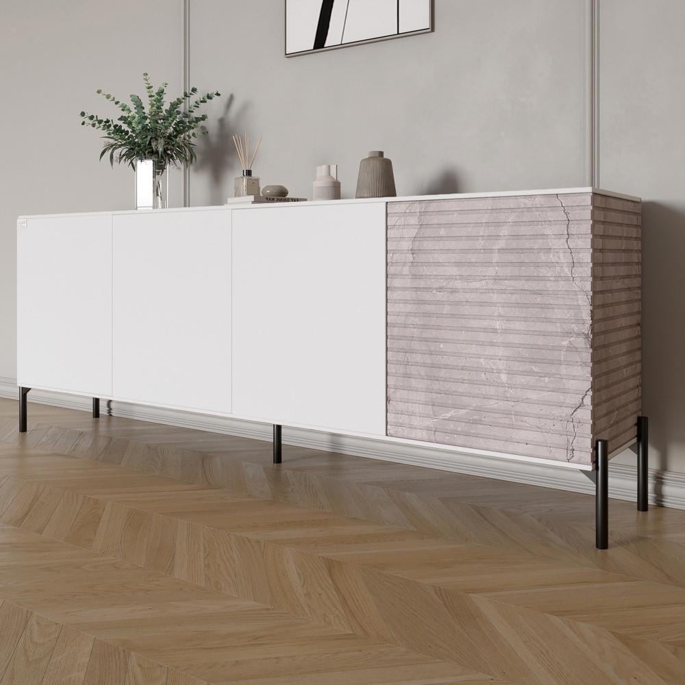 Комод у вітальню на чорних металевих ніжках Lion Грей 204x38x76,5 см Німфея Альба білий/Камінь (Lion-042611)