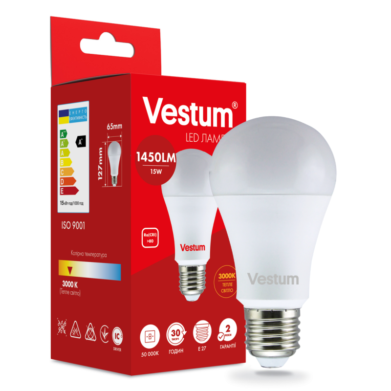 Светодиодная лампа Vestum 1-VS-1102 A65 15W 3000K 220V E27