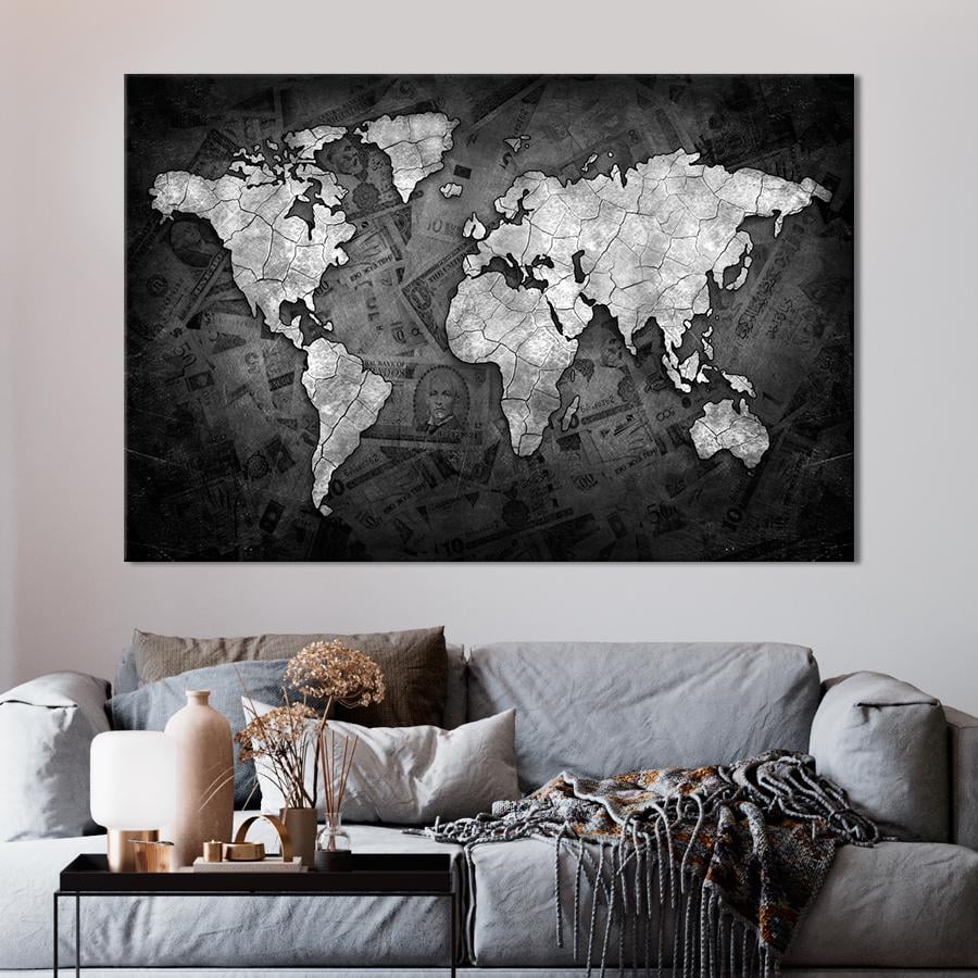 Картина карта Карта мира на фоне денег 120x80 см (A1333-1)