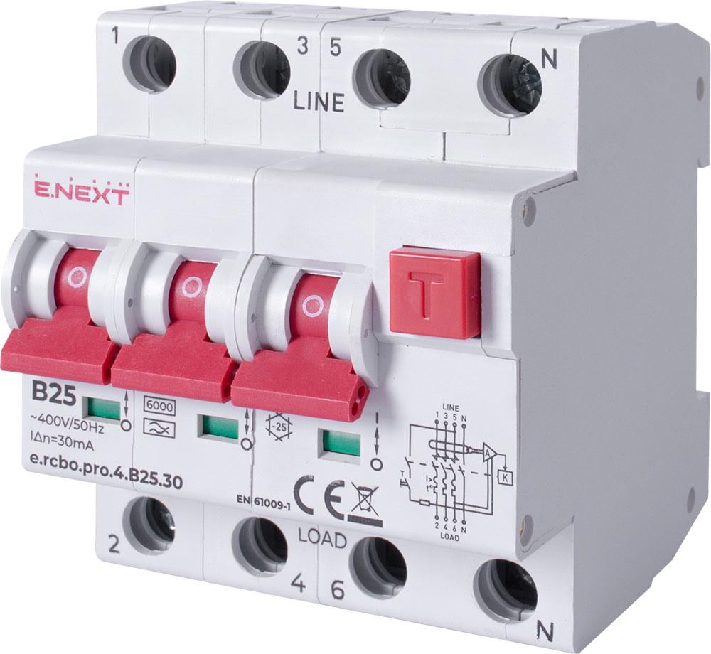 Диференційний вимикач E.NEXT e.rcbo.pro.4.B25.30 3P+N 25А 30мА "B" тип А з захистом від надструмів (p0720030)