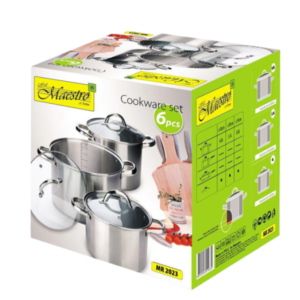 Набор посуды Maestro из нержавеющей стали со стеклянными крышками 3,5/4,5/8 л 6 пр. (f8f26b3a) - фото 6