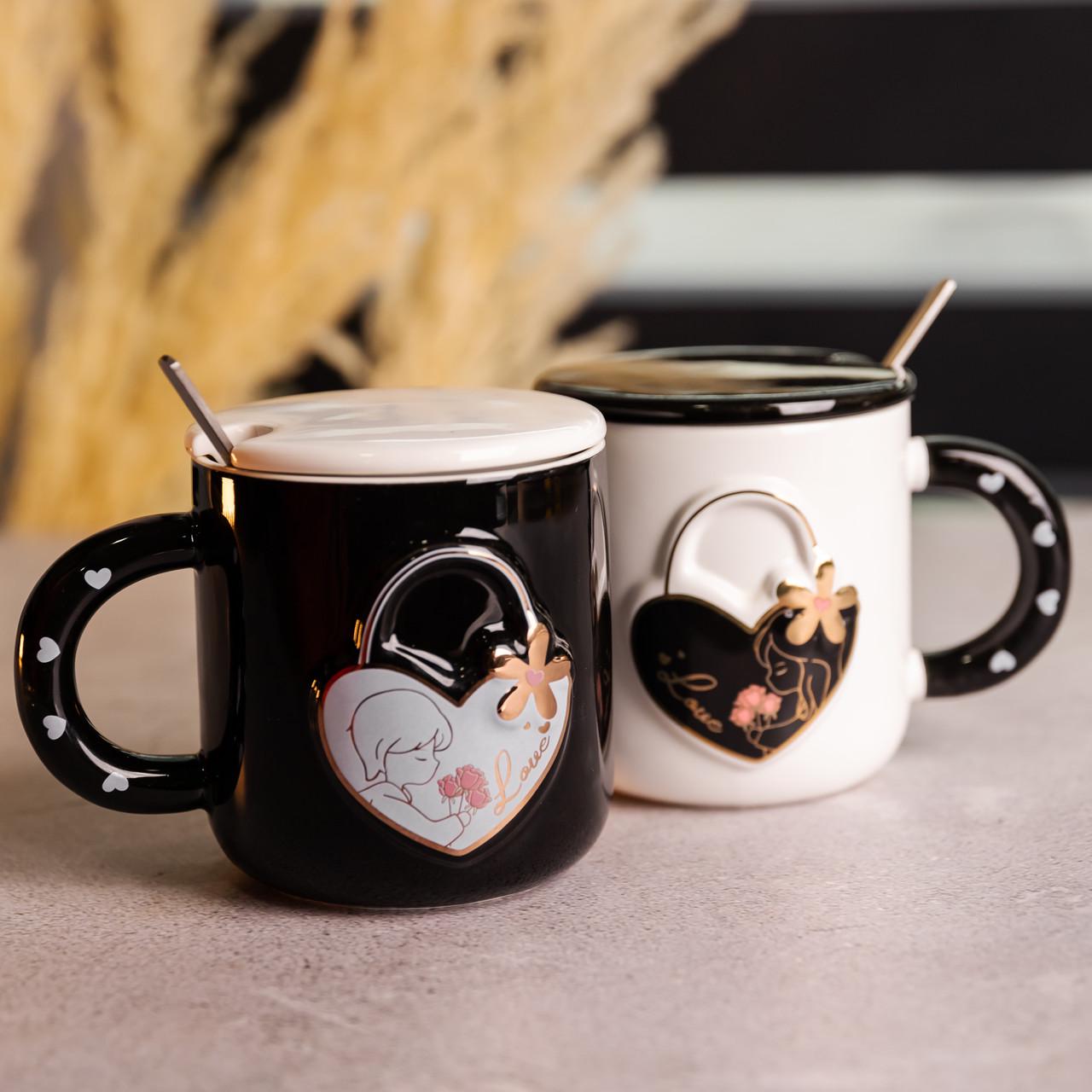 Набор парных фарфоровых чашек с сердцем 2 шт. по 400 мл Черный с белым (FM-33)