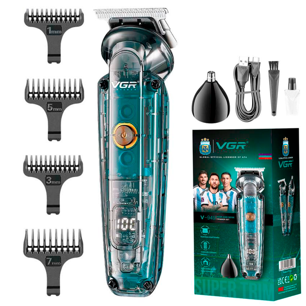 Тример-машинка для стрижки волосся VGR V-949 для бороди та носа IPX6 LCD 5 насадок