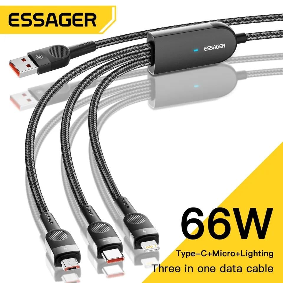 Кабель Essager 66w 3в1 Type-C/Lightning/microUSB-USB 120 см (25397249) - фото 10