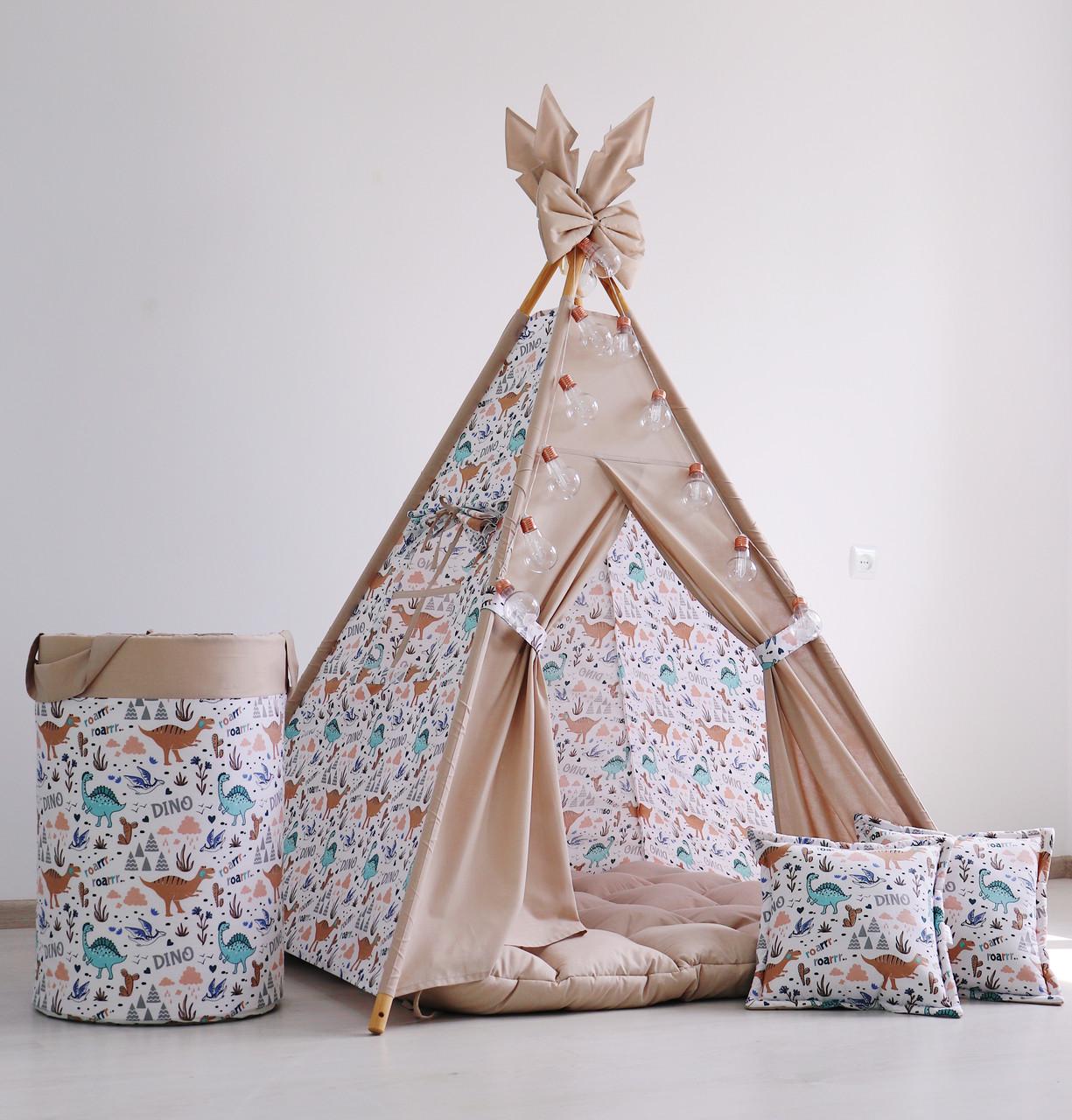 Вігвам дитячий Динозаврики з килимком бон бон подушками з кошиком для білизни - фото 2 Вігвам дитячий Динозаврики з килимком бон бон подушками з кошиком для білизни - фото 2