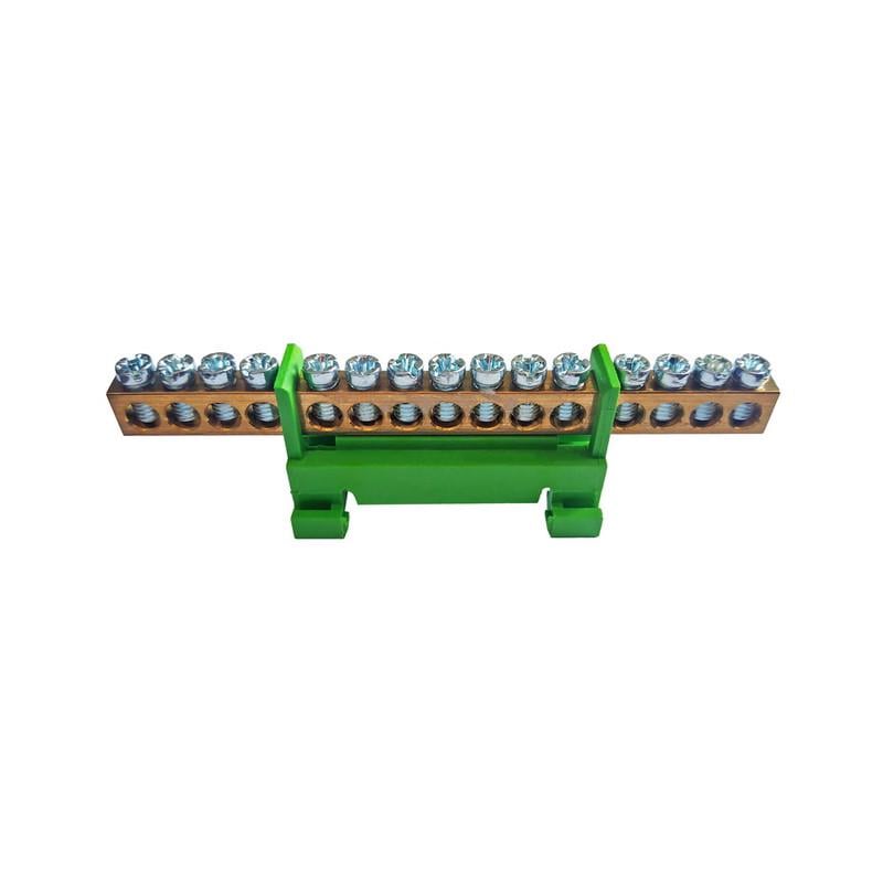 Шина нульова E.NEXT e.bs.stand.1.15.green 15 отворів мідь із ізолятором на DIN-рейку 6х9 мм Зелений (000000993)