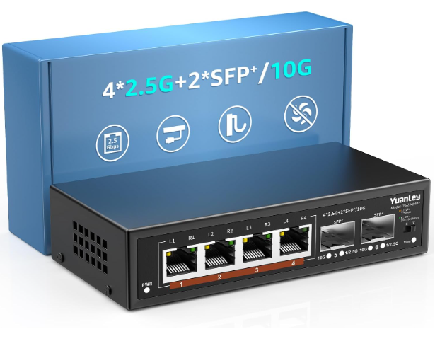 Коммутатор сетевой YuanLey 2,5G Ethernet Switch 6 портов 4×2,5G RJ45/2×10G SFP бесуправленный/металлический (2896878350)