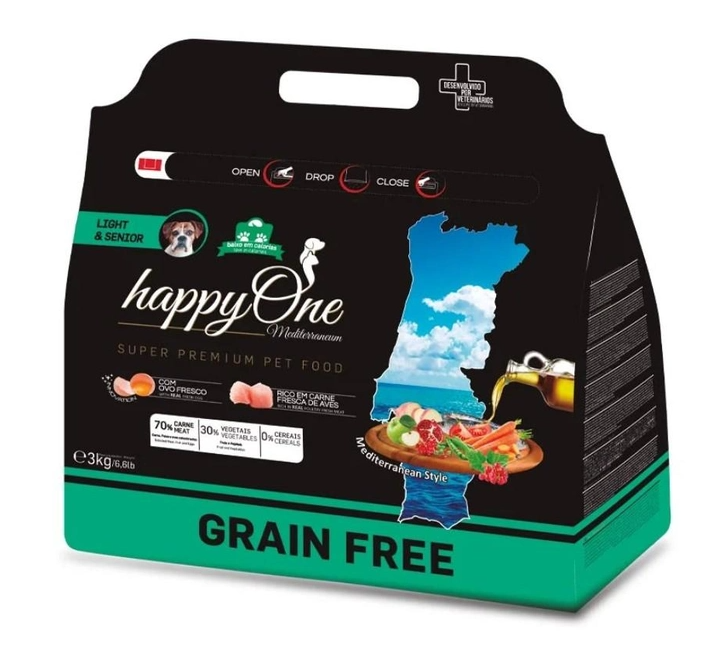 Корм для пожилых и малоактивных собак сухой беззерновой HappyOne Mediterraneum Lights&Senior Fresh Meat 3 кг