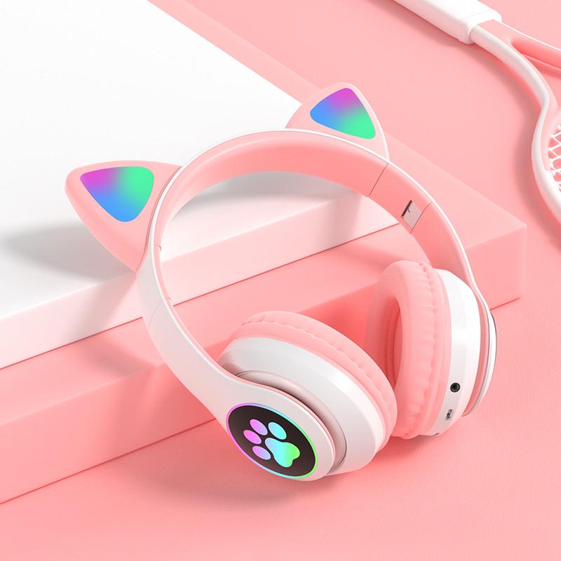 Наушники Кошачьи ушки беспроводные с подсветкой RGB и MP3 Cute Headset Розовый - фото 6