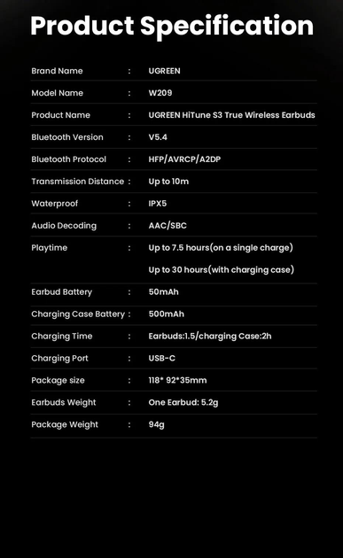 Наушники UGREEN W209 HiTune S3 BluetoothBlack (35296) - фото 3