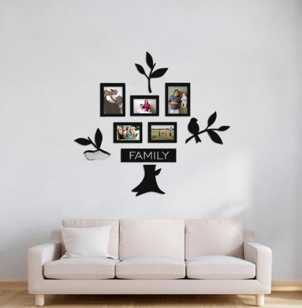 Панно деревянное Decart Семейное дерево декор для комнаты гостиной С птичкой 94х87 см рамки 10х15 3 шт. 13x18 2шт.