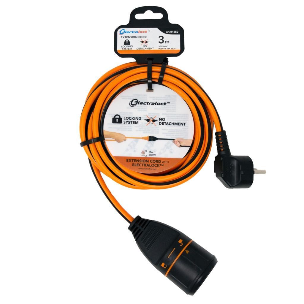 Подовжувач одинарний Electraline Electralock з фіксуючою розеткою 3х1,5 мм2 3 м Чорно-помаранчевий (01650)