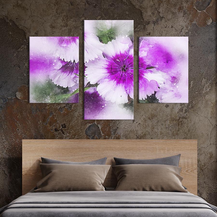 Картина на холсте триптих Бархатная бело-фиолетовая гвоздика 66x40 см (858-32)
