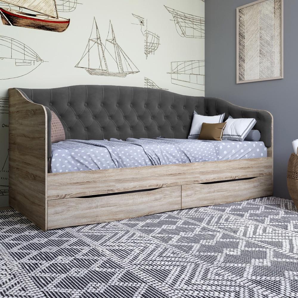 Кровать детская односпальная Lion Л-9 с мягкой спинкой и выдвижными ящиками 190x90 см Дуб сонома трюфель/Лили-95 (Lion-041492)