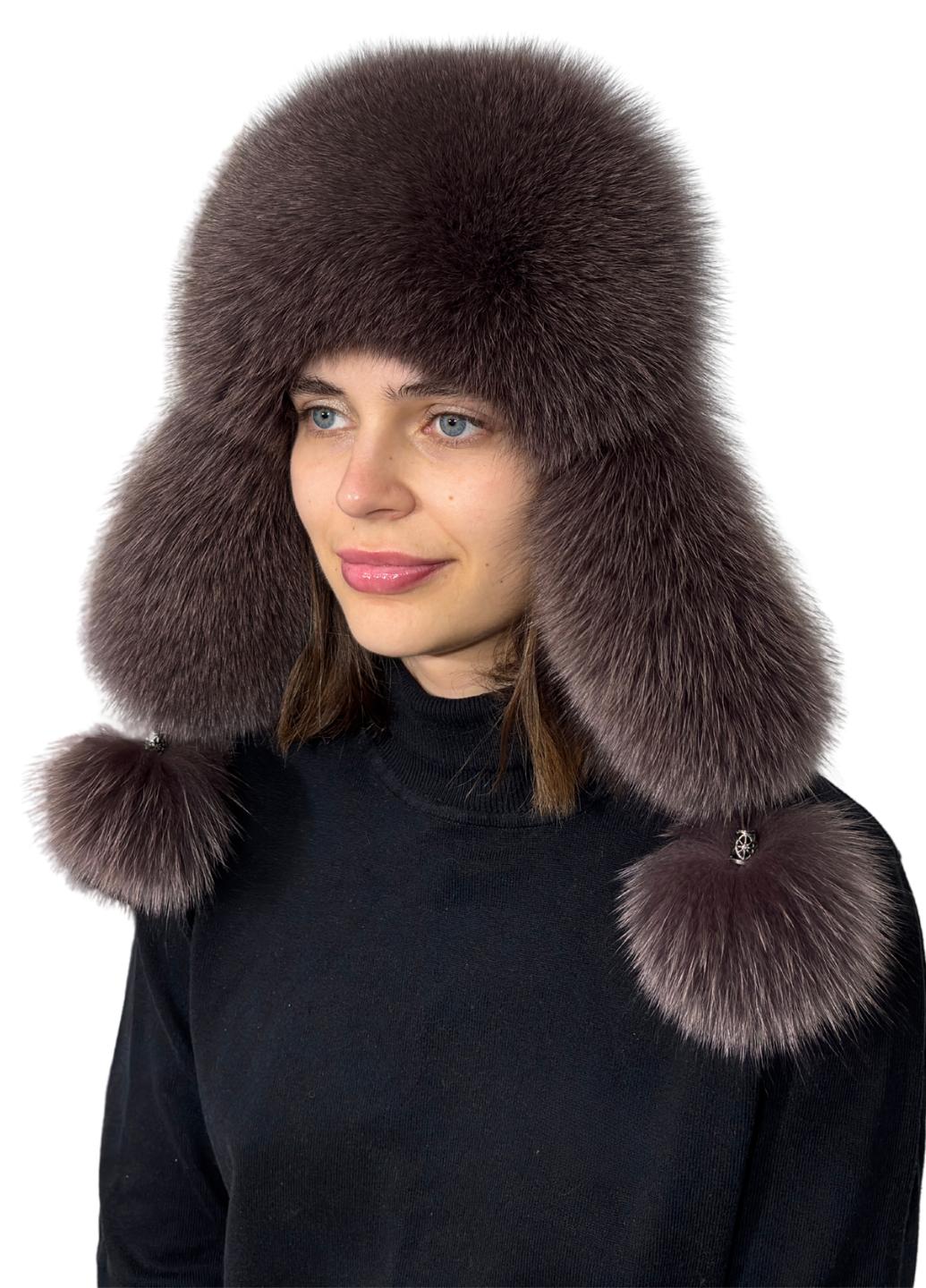 Женская шапка Меховой стиль Ушанка из натурального меха песца M-L Шоколад (401)