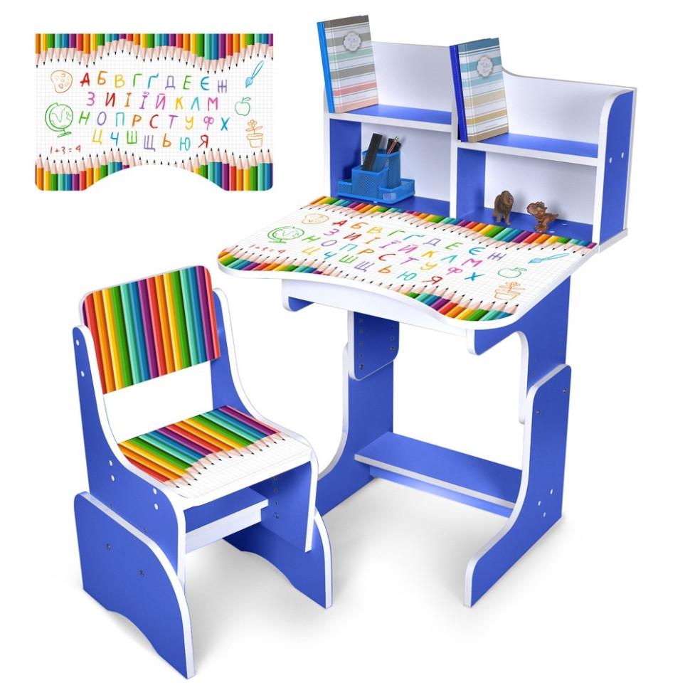 Парта-трансформер Bambi зі стільчиком та надбудовою, синя, з регулюванням висоти 56,5/67,5 см