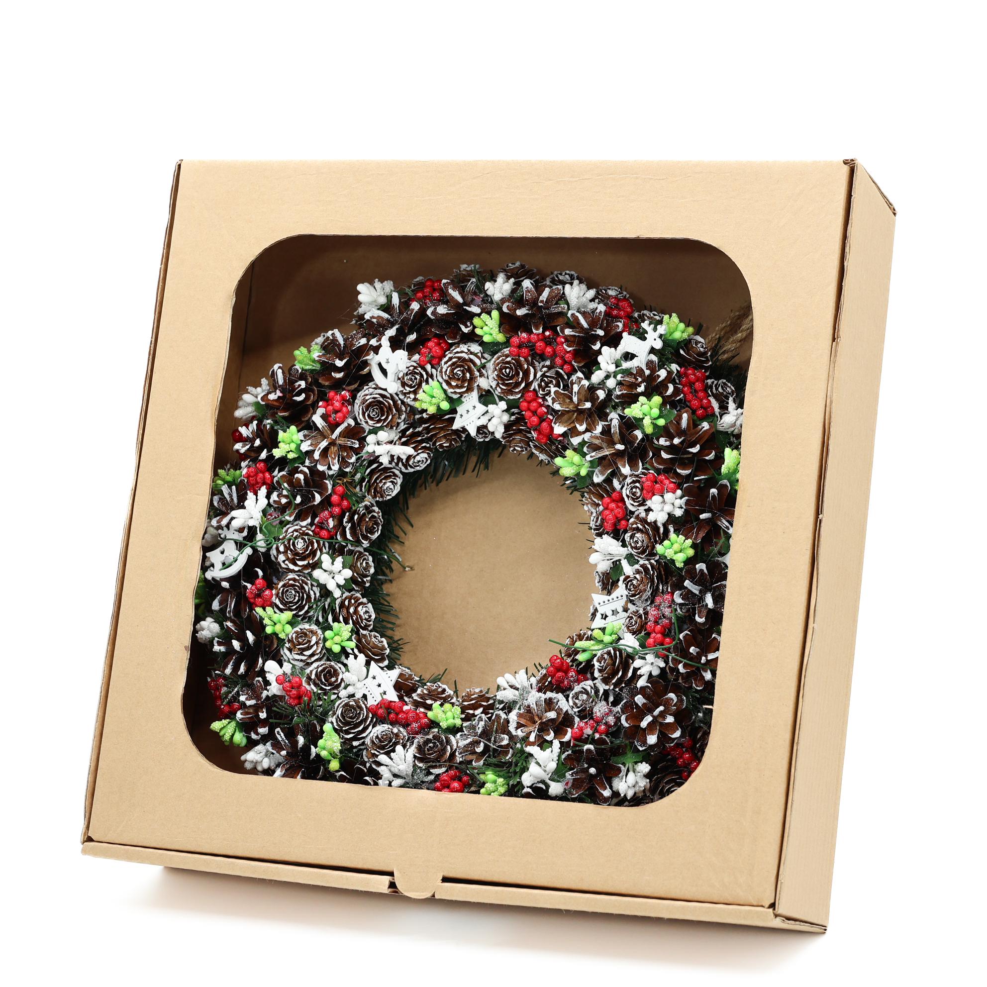 Рождественский венок из шишек ягод и тычинок 33 см Красный (В3007/1) - фото 2