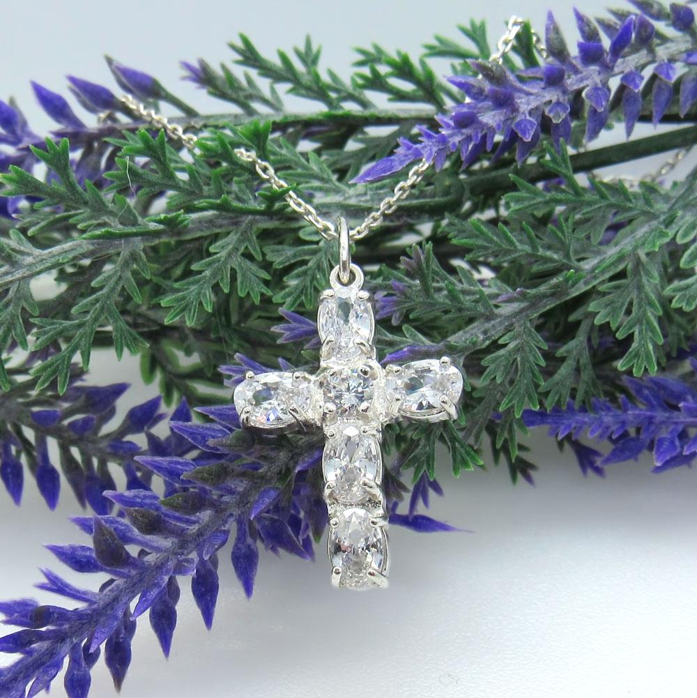 Срібний кулон з фіанітами Хрестик з овальними камінчиками (1129809621) - фото 5