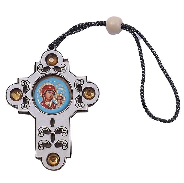 Крест деревянный на зеркало заднего вида на нитке с камнями Божья Матерь 6,5х5,0 см (651563)