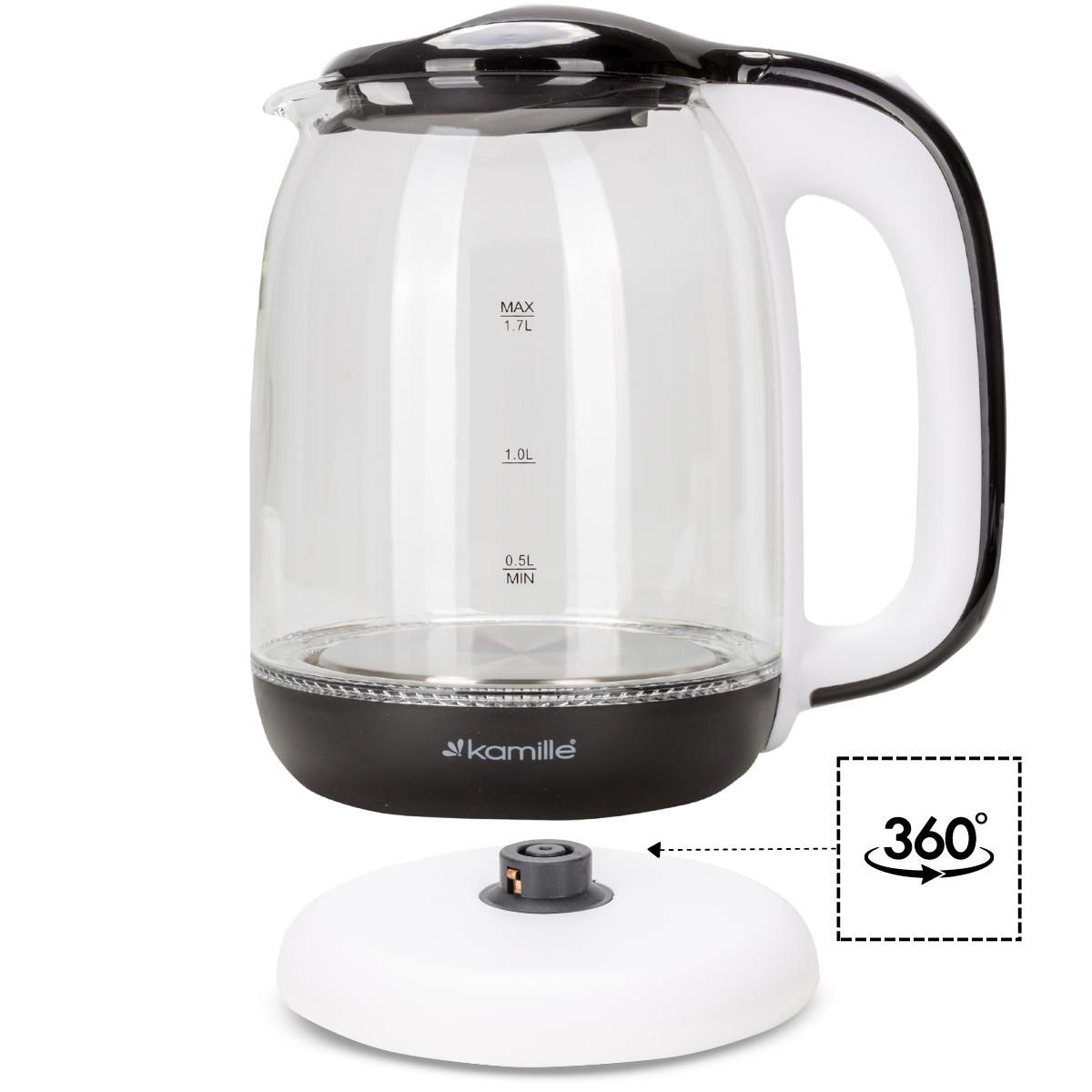 Електрочайник на підставці Kamille KM-1720В скляний з підсвічуванням та індикатором рівня води 2200 W 1,7 л Чорно-білий (124-84-1720В) - фото 8 Електрочайник на підставці Kamille KM-1720В скляний з підсвічуванням та індикатором рівня води 2200 W 1,7 л Чорно-білий (124-84-1720В) - фото 8