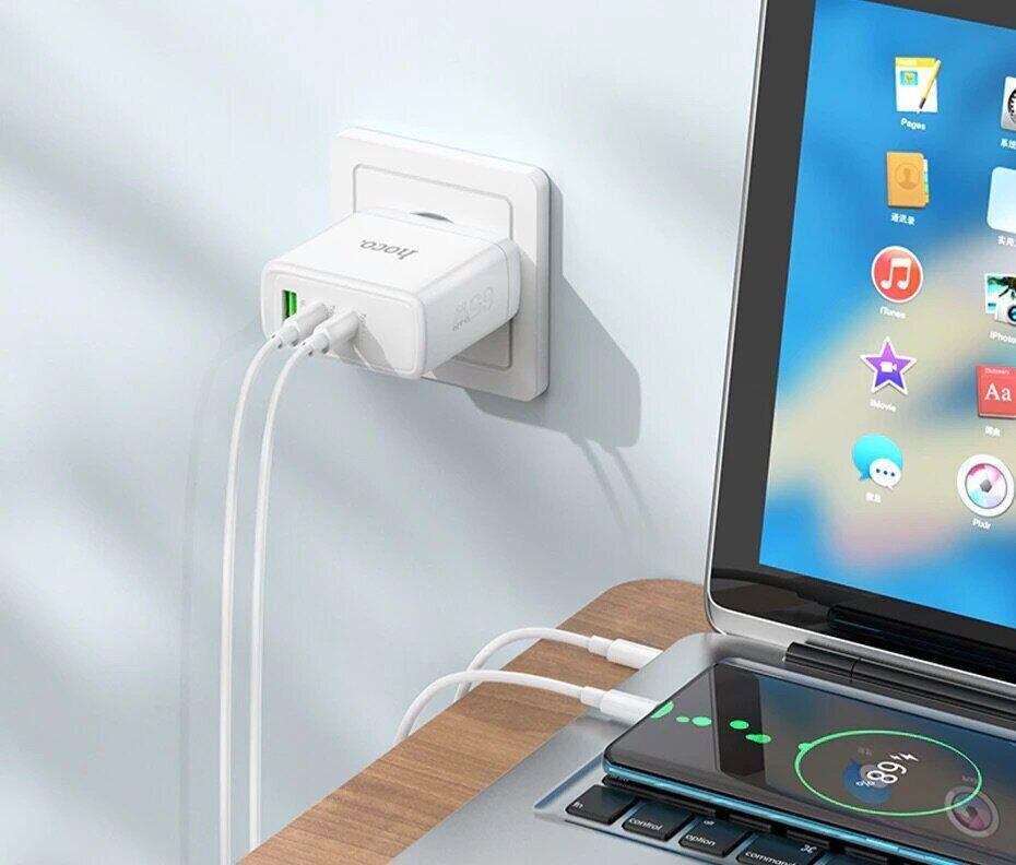 Сетевое зарядное устройство Hoco N30 Glory PD65W с кабелем Type-С 2USB-C с быстрой зарядкой QC3.0 Белый - фото 2