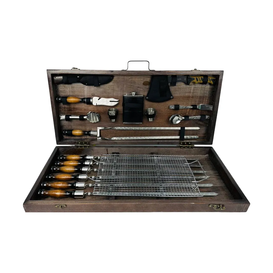 Набор шампуров в кейсе Премиум большой деревянный из нержавеющей стали (2-10-KS-7501)