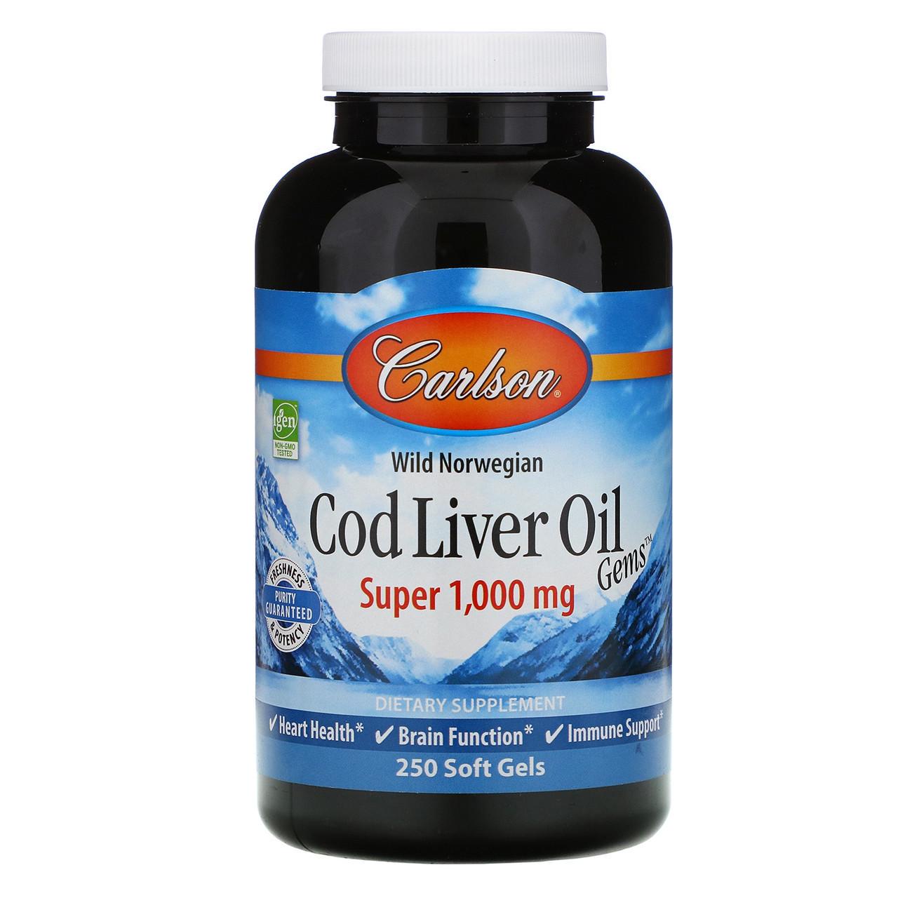 Риб'ячий жир Carlson Labs Cod Liver Oil з печінки дикої норвезької тріски 1000 мг 250 капс.