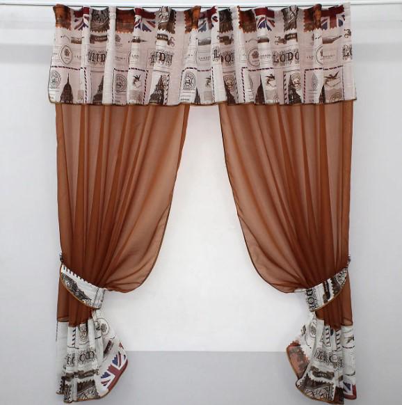 Шторки с ламбрекеном на кухню шифон/лен 300х170 см Терракотовый (085к)