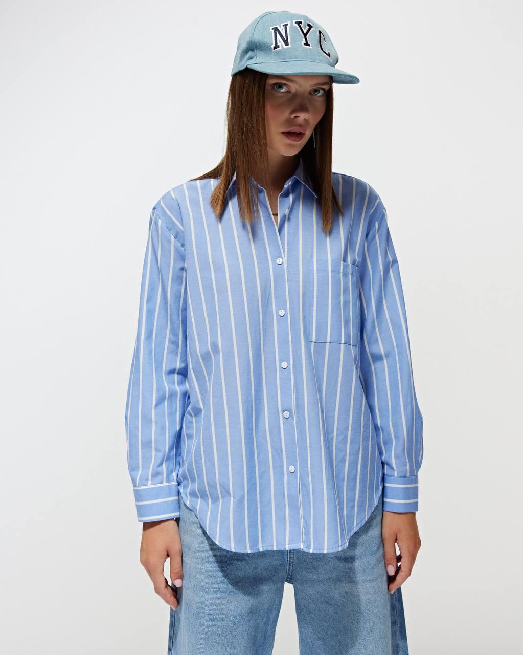 Рубашка женская MIX RAY 4367 оверсайз удлиненная широкая полоса S Голубой (1638)