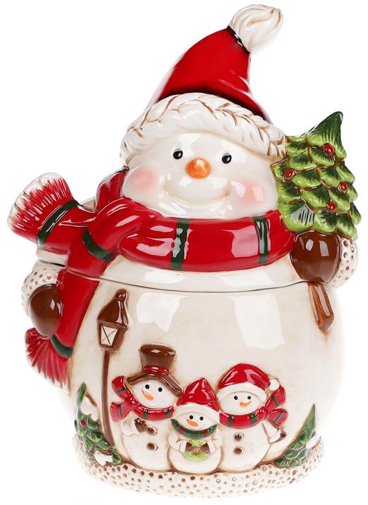 Банка керамічна для новорічних солодощів тріо сніговиків 1 л Банка керамічна для новорічних солодощів тріо сніговиків 1 л