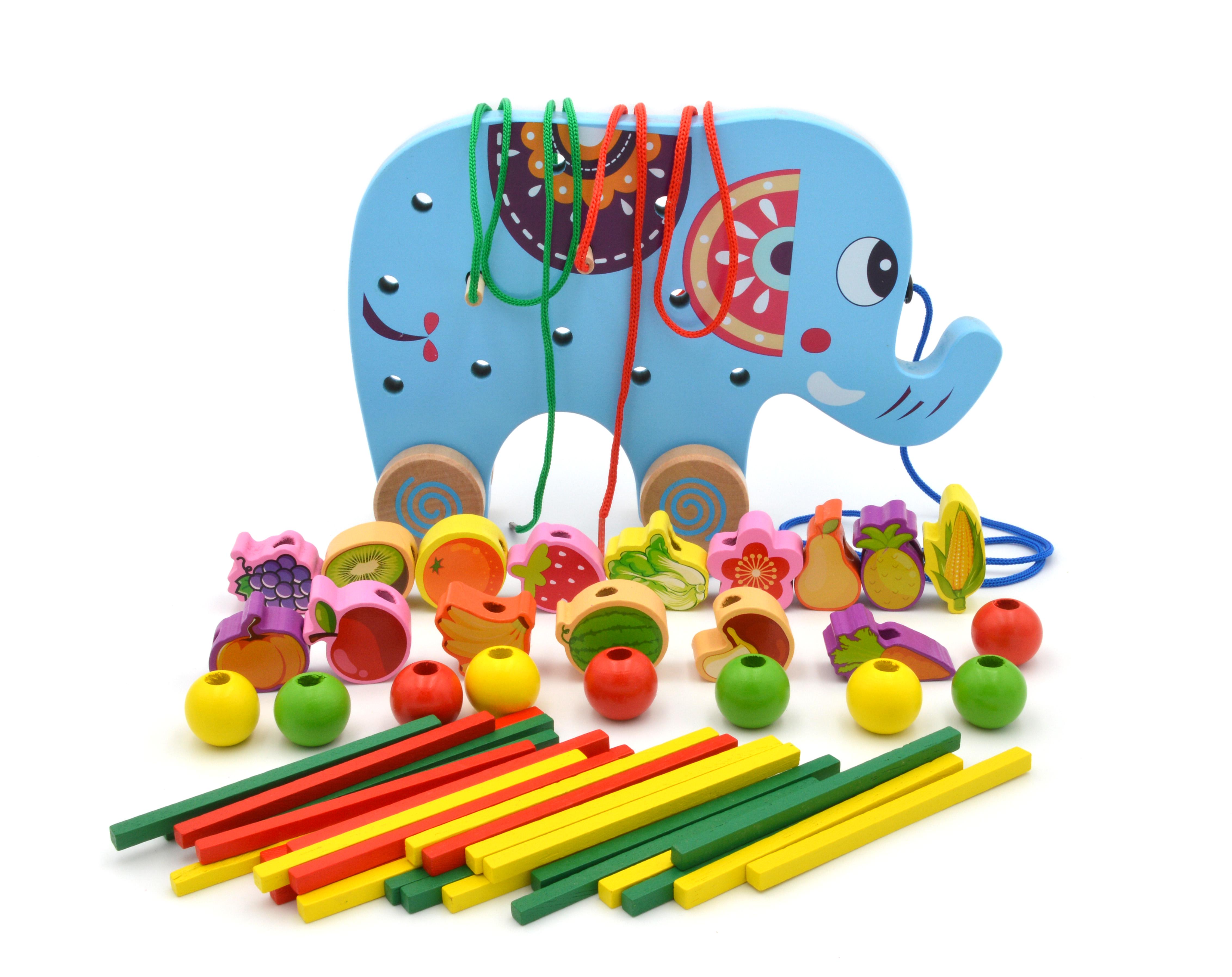 Каталка дерев'яна Слон шнурівка/балансир/лічильні палички (48174)