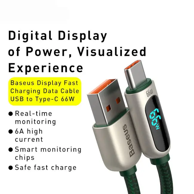 Кабель BASEUS Display Fast Charging Cable USB to Type-C CASX020006 66W 1 м Green - фото 2