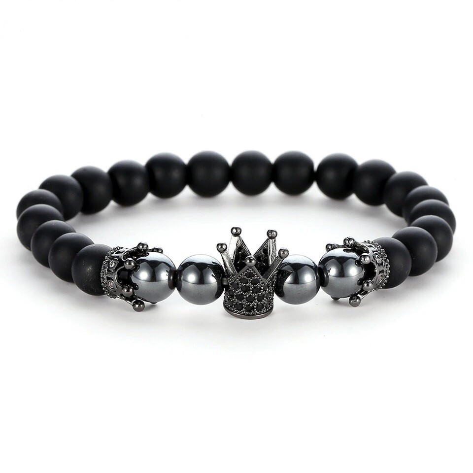 Браслет із шунгіту та гематиту з високою короною р. 23 Чорний/Металік (20004)