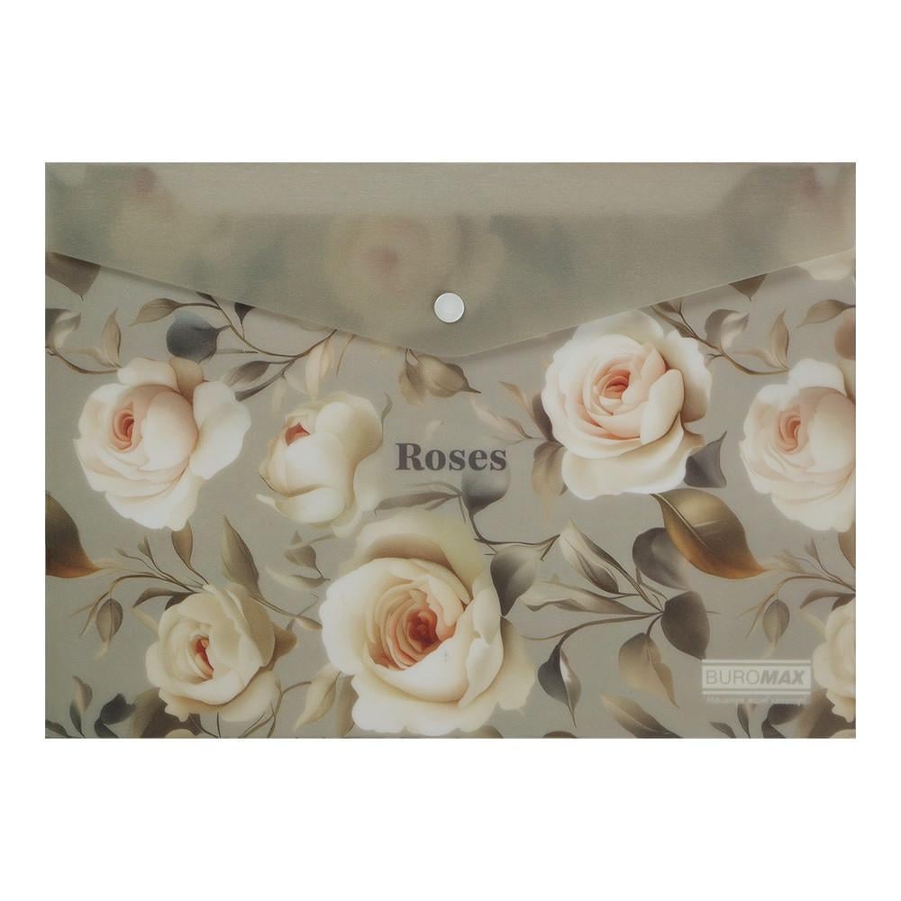 Папка-конверт А4 на кнопке Buromax ROSES ARABESKI BM.3943-20 матовый полупрозрачный пластик Светло-серый (4823126805627)