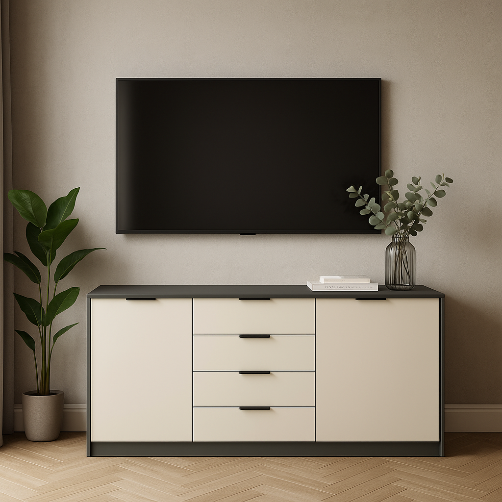 Комод К3 4Я2Д SENAM 860х1600х450 мм корпус ДСП Сірий Графіт фасад МДФ фарба RAL9001 Світло-бежевий Комод К3 4Я2Д SENAM 860х1600х450 мм корпус ДСП Сірий Графіт фасад МДФ фарба RAL9001 Світло-бежевий