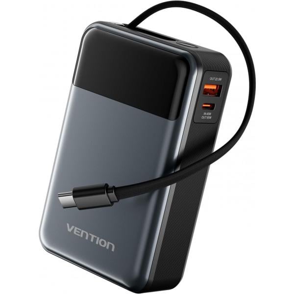 Повербанк Vention 20000 mAh 65W 3A PD/QC 3.0 with Built-in USB-C Cable LED Display Black (FHYB0)