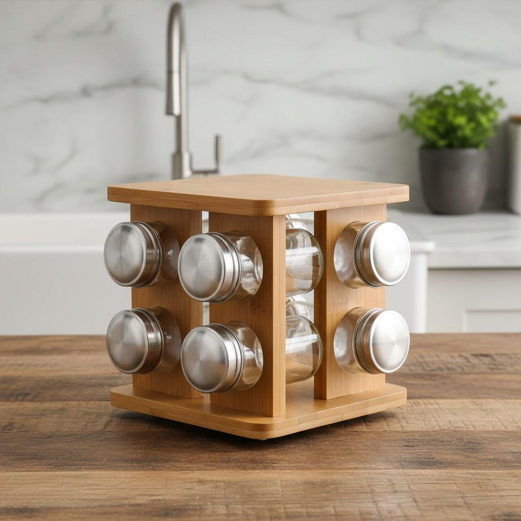 Набор стеклянных емкостей для специй на бамбуковой подставке 9 предметов набор 8 баночек по 80 мл 19x19x15,5 см Дерево/Прозрачный (AR1408B1) Набор стеклянных емкостей для специй на бамбуковой подставке 9 предметов набор 8 баночек по 80 мл 19x19x15,5 см Дерево/Прозрачный (AR1408B1)