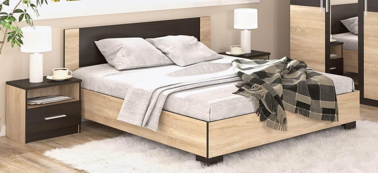 Кровать Мебель Сервис Вероника с ламелями и 2 прикроватными тумбочками 140х200 см Дуб самоа/Венге темный (1894576)
