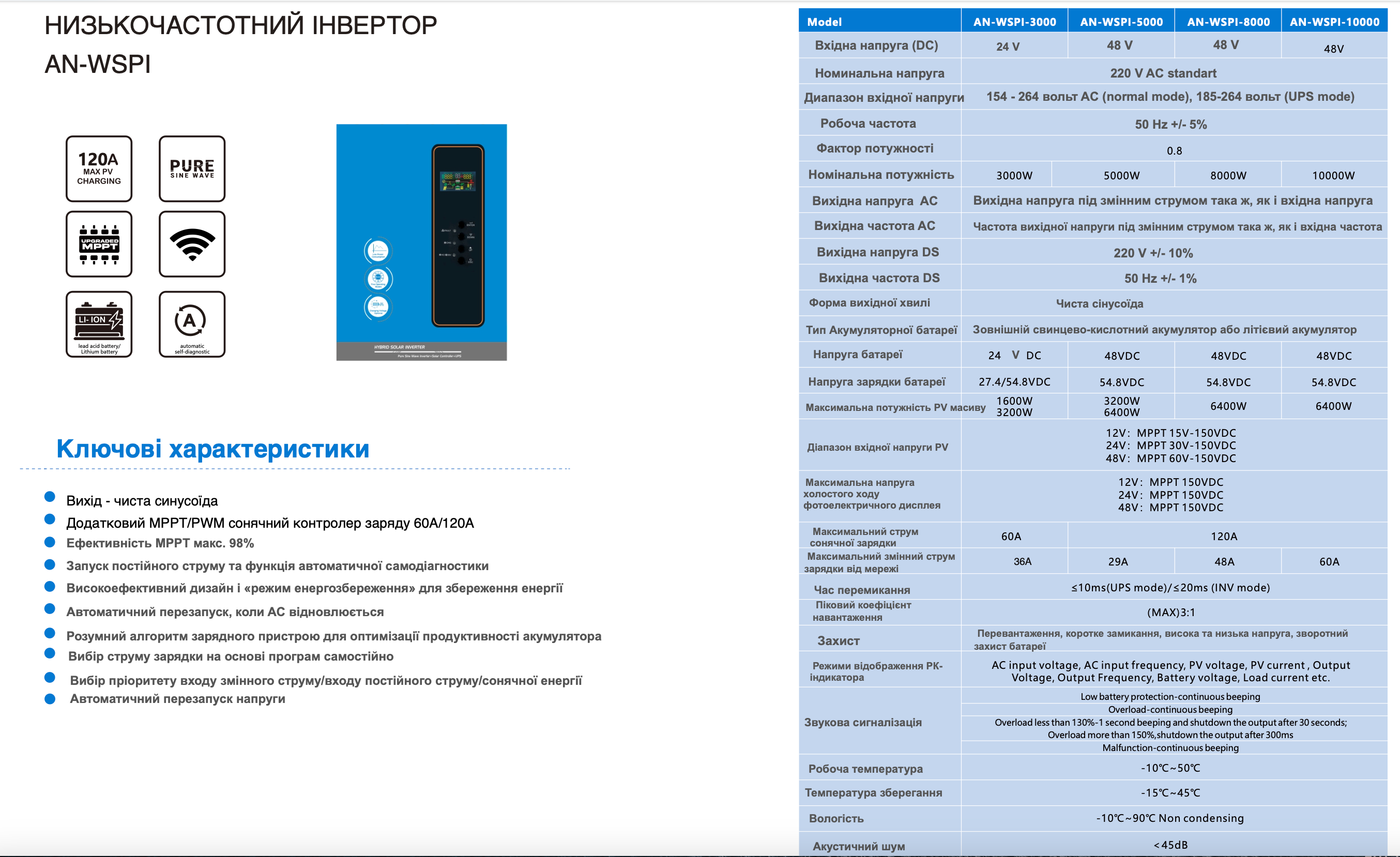 Інвертор для сонячних батарей низькочастотний 5 кВт надійний (WSPI-5000) - фото 3